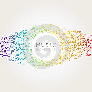 Music background with colorful music notes and G-clef vector illustration design. Artistic music festival poster, live concert, mu