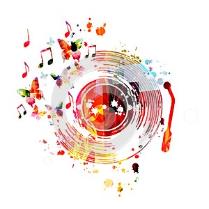 Music background with colorful vinyl record disc and music notes vector illustration design. Artistic music festival poster, event