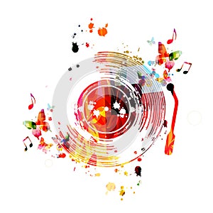 Music background with colorful vinyl record disc and music notes vector illustration design. Artistic music festival poster, event