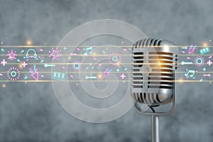 Music background concept. Microphone with colorful musical notes signs of abstract music sheet. Songs and melody. Artistic