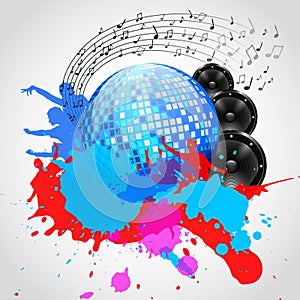 Music Background with Discoball, Speakers and Spots - Vector