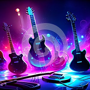 Music background with electric guitars and musical instruments. Vector illustration in neon colors. AI Generated