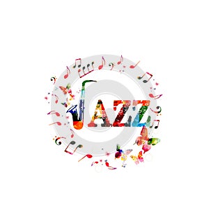 Music background. Jazz music word with saxophone and music notes isolated vector illustration