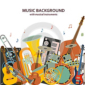 Music background made of different musical instruments, treble clef and notes