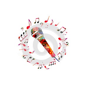 Music background with microphone. Colorful microphone with music notes isolated vector illustration