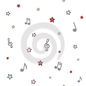 Music background with notes and stars, colored seamless pattern
