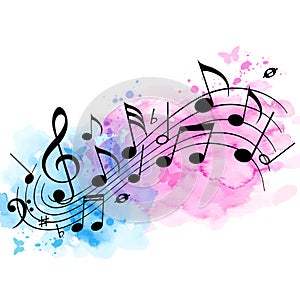 Music background with notes and watercolor texture