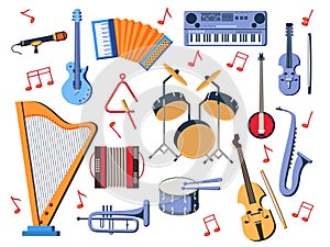 Music background. Orchestra instruments set. Guitar and saxophone. Piano for hobby and education. Musical notes. Microphone or