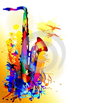 Music background with saxophone, musical notes and flying birds