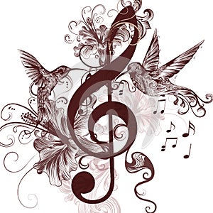 Music background with treble clef and hummingbirds for design