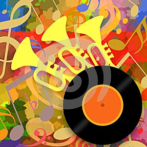 Music background with trumpets and vinyl disc