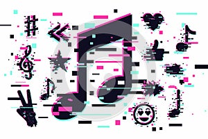 Music background. Vector musical sign. Modern sound concept, trendy illustration. Glitch style banner with neon colors