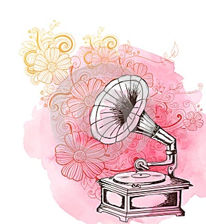 Music background with vintage gramophone