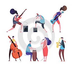 Music band. Cartoon musicians, punk guys with musical instruments playing rock music on stage vector set isolated