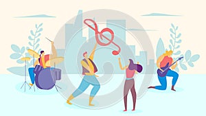 Music band character male female person, man play drum person guitarist flat vector illustration. Lovely sonata guy