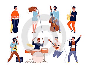 Music band characters. Rock group musicians singing and playing at instrument performing stage vector background