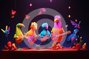 A music band consisting of colorful birds on a stage playing rock created with generative AI technology