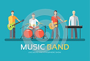 Music band in flat design background concept. Melodic musical concert quartet of musicians. Icons for your product