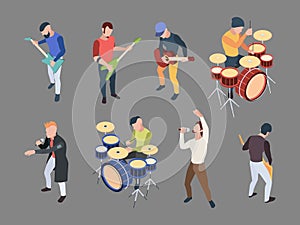 Music band. Isometric characters musicians singers with microphone rock band music instruments vector people