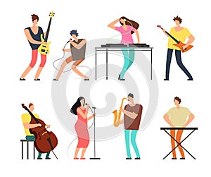 Music band musicians with musical instruments playing music on stage vector set isolated