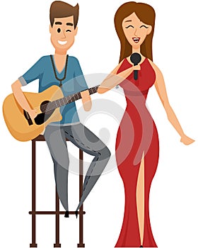 Music band, playing guitar, duet singing concept. Man playing musical instrument and girl vocalist