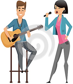 Music band, playing guitar, duet singing concept. Man playing musical instrument and girl vocalist