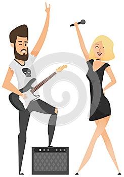 Music band, playing guitar, duet singing concept. Man playing musical instrument and girl vocalist