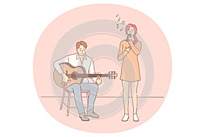 Music band, playing guitar, singer concept