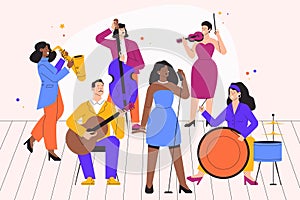 Music band playing. Musicians playing guitar, saxophone and drums, musicians playing classical music. Vector band concert