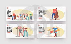 Music Band on Stage Performing Jazz Concert Landing Page Template Set. Artists with Musical Instruments Accompany