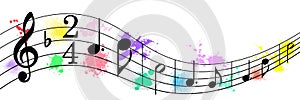Black Music Notes in Colorful Spatters and Splashes Banner Background