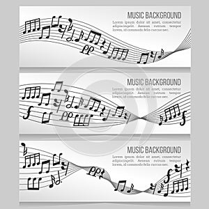 Music banners vector set with notes and sound wave