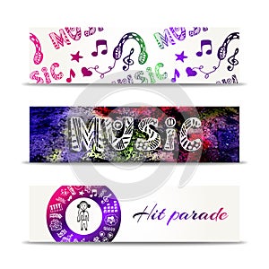 Music banners. Vector template with doodle lettering and musical elements. Hit parade concept.