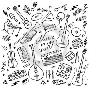 Music. Big set of icons for print and digital. Doodle elements of musical instruments. Hand written inscription Music in my soul.
