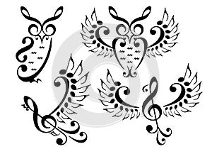 Music bird and owl, vector set