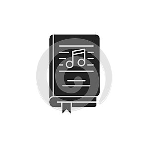 Music book black glyph icon. Basic knowledge about music, notes, instruments. Matherial for musical theme. Pictogram for web page