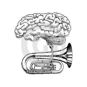 Music and brain in vintage style. Jazz tuba or trumpet. Hand Drawn grunge sketch for tattoo or t-shirt or woodcut