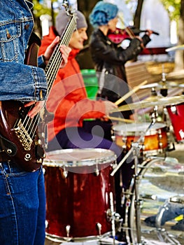 Music buskers with girl violinist. Perfect autumn time. photo