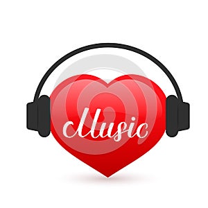 Music calligraphy hand lettering written on a red heart with headphones. Karaoke bar sign. Easy to edit vector template for