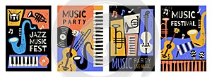 Music cards. Posters invitation for musical event recent vector templates with musicians instruments