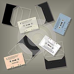 music cassette tape classic style and box gray background