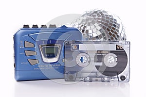 Music cassette walkman and disco ball