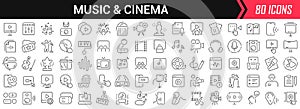 Music and cinema linear icons in black. Big UI icons collection in a flat design. Thin outline signs pack. Big set of icons for