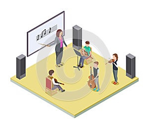 Music class. School orchestra lesson vector concept. Isometric music lesson in children