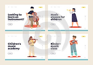 Music classes and academy for children landing pages set with kids play on musical instruments