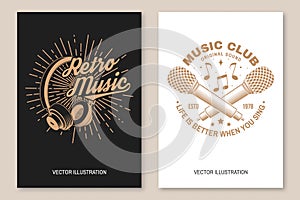 Music club logo, badge, label. Retro poster, banner with headphones, microphone, vintage typography design for t shirt