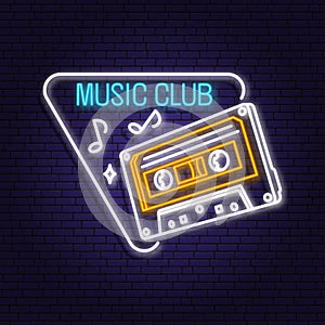 Music club neon poster, banner. Neon sign, emblem, bright signboard, light banner with retro Audio cassette tape. Vector