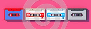 Vintage audio cassette tapes collection on pink background, Retro music. 3d illustration
