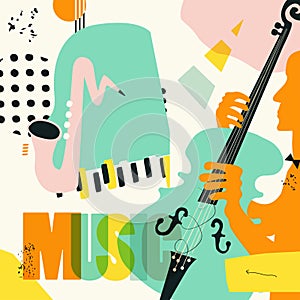 Music colorful background with music instruments flat vector illustration. Artistic music festival poster, live concert, creative