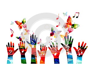 Music colorful background with music notes and hands vector illustration. Artistic music festival poster, live concert, creative d